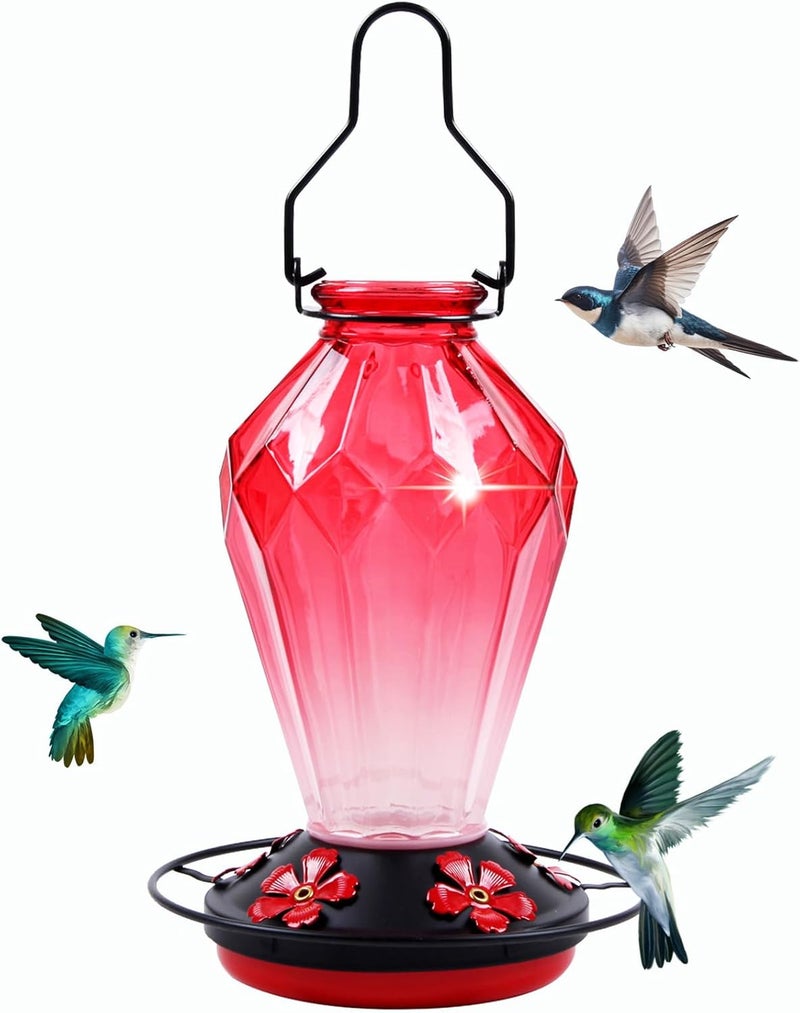 MCHBF Glass Hummingbird Feeder for Outdoors Hanging, 25Oz Humming Bird Nectar Feeder, Perch, 5 Flower Feeding Ports, Leak Proof Base, Hook for Outside Garden Backyard, Gift for Women Mom, Diamond Red - Image 1